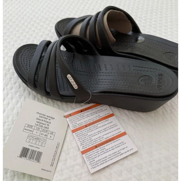 Crocs Rhonda Wedge Sandal Women's Size 9 Heel Slip On Black Relaxed Fit NWT - Picture 2 of 7